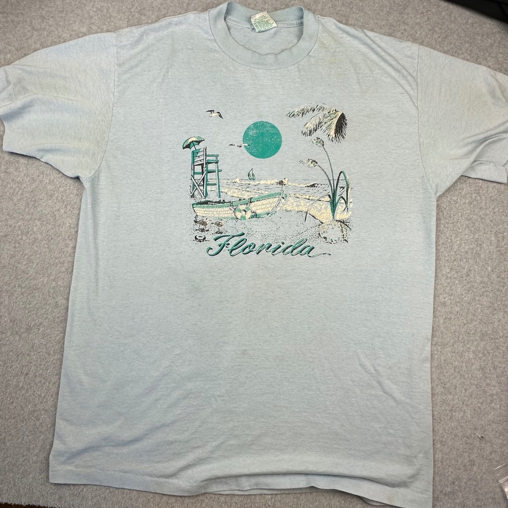 Vintage 1992 Florida Beach Graphic T-Shirt XL Light Blue Single Stitch USA Made